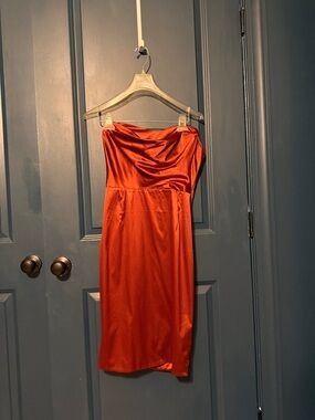 Oh Polly Satin Strapless Mini Dress in Burnt Orange